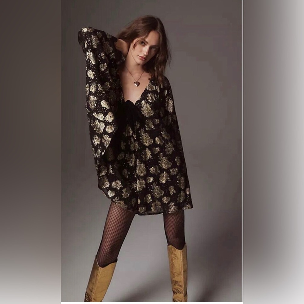 NWT Free People Dazzle Oversized Romper Gold Black Velvet Sparkle Size Large